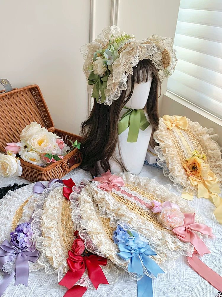 With PUJI - Floral Language - Country Lolita Lace Bow Flat Cap Straw Hat product view