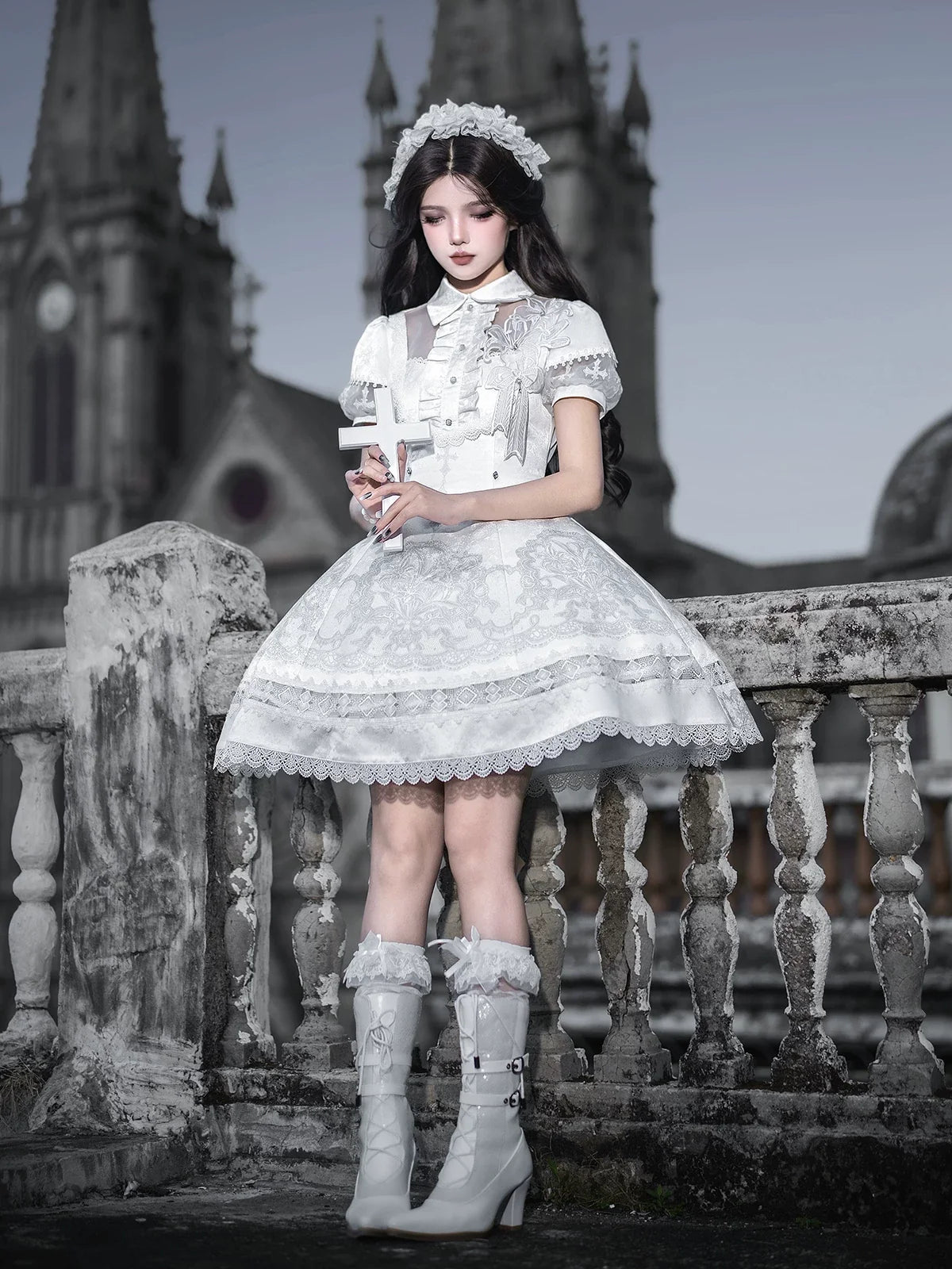Letters from Unknown Star - White Classic Lolita Printed OP - Dress with Cross OP Dress