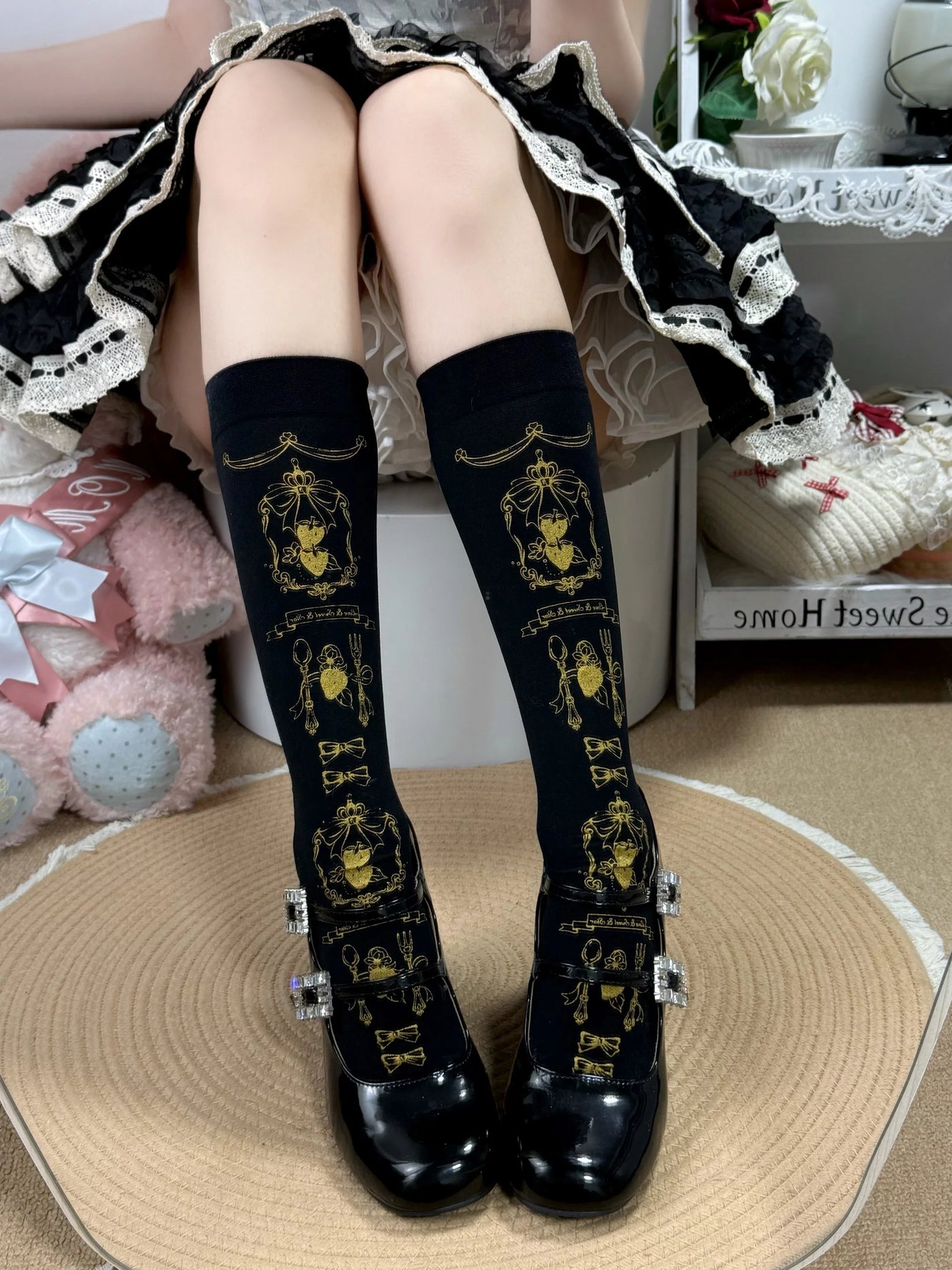 Fantasy Doll - Sweet Cartoon - White or black Lolita calf socks with ornate cartoon print