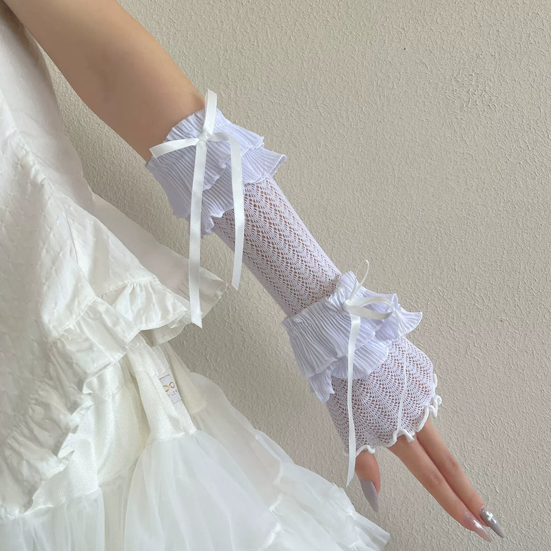 Sock Noble - Layered Cake Lace - White fingerless arm sleeves with tiered ruffles and ribbon ties