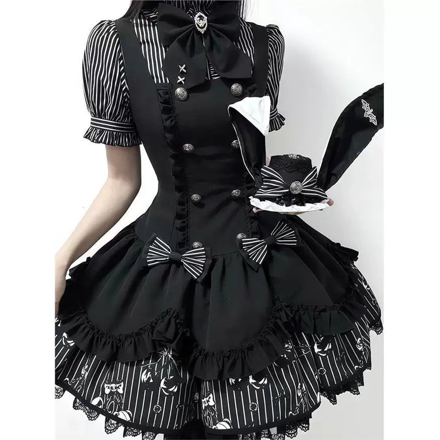 Black-and-white striped JSK coordinate with puff-sleeve shirt and suspender skirt
