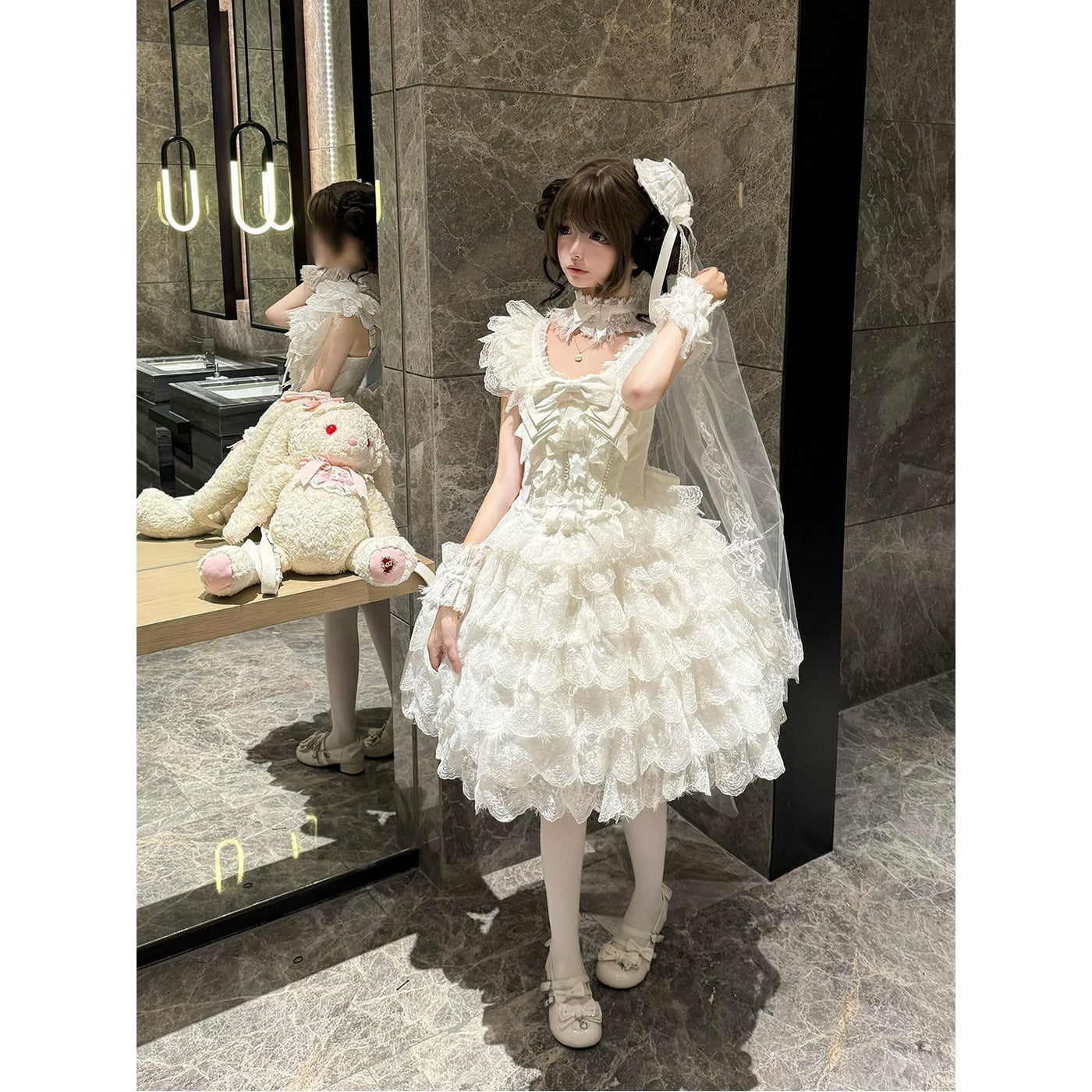 Creamy - White Snow Lace - Layered JSK Dress Set with Shawl and Train
