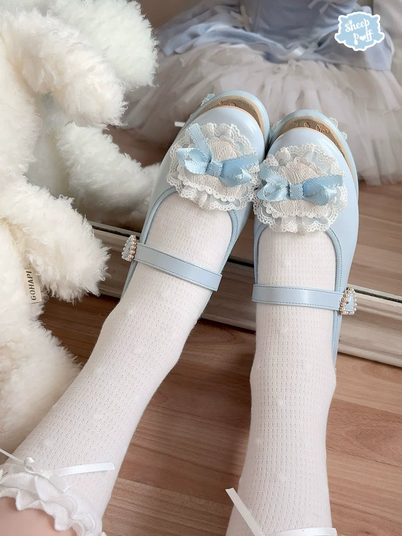 Sheep Puff Ballet Romance Lolita Shoes featuring a cute sheep puff design and ballet flat style with decorative bows.