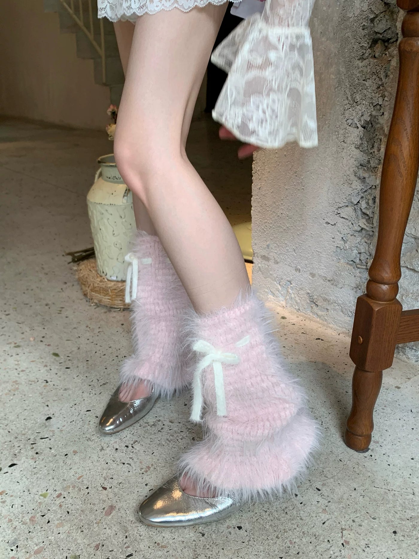 Fantasy Doll - Winter Bow Plush - Plush Mid-Calf Leg Warmers with Tie Bows