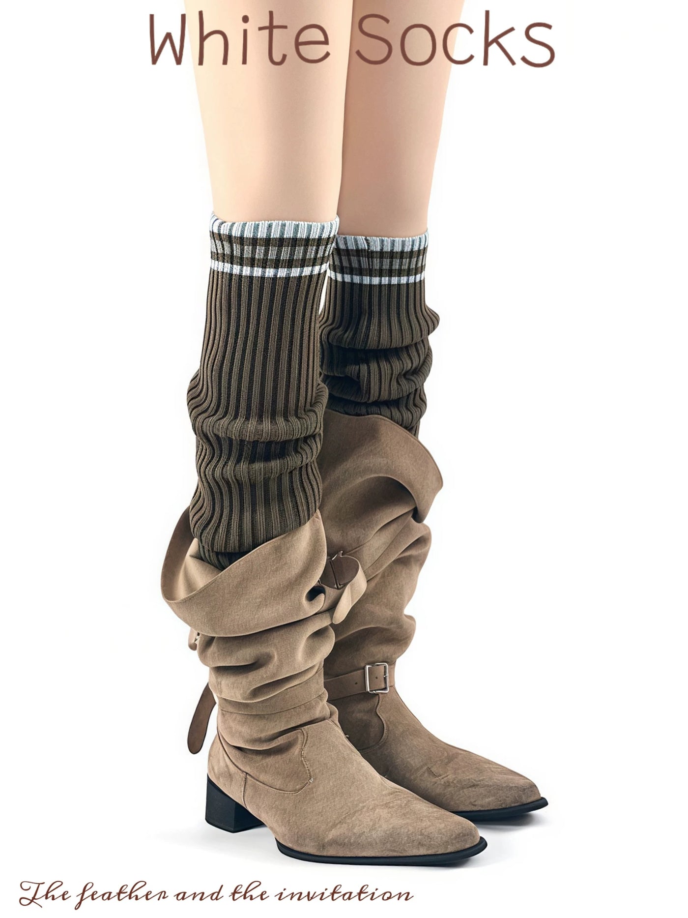 White Socks - Collegiate Stripe - Ribbed Slouch Socks with Contrast Cuffs