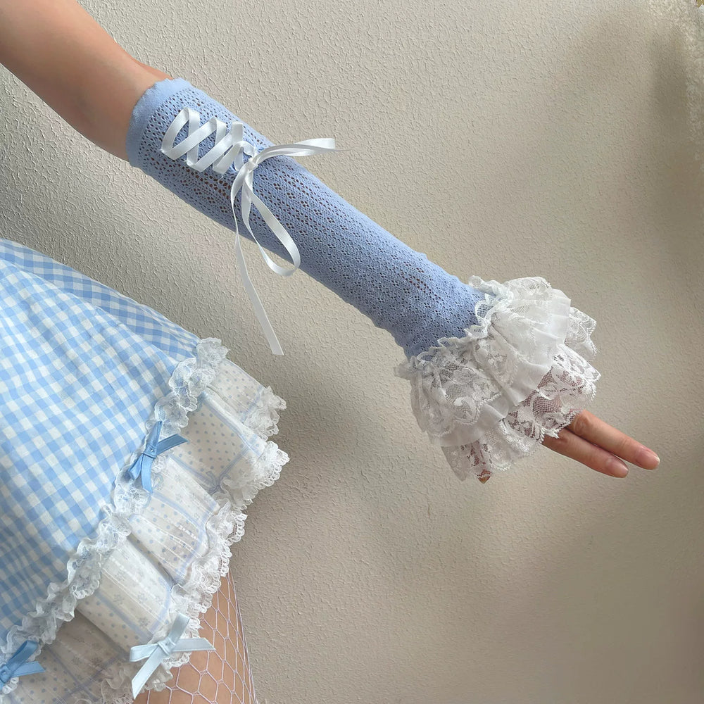 Sock Noble blue lace hand sleeve with white ribbon lacing and tiered ruffle cuff