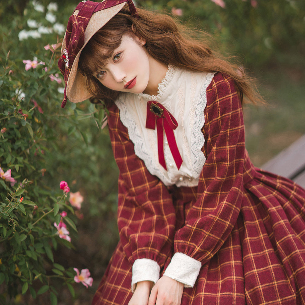 Rose Silhouette 3.0 - Plaid Vintage Classic Lolita OP XS burgundy plaid