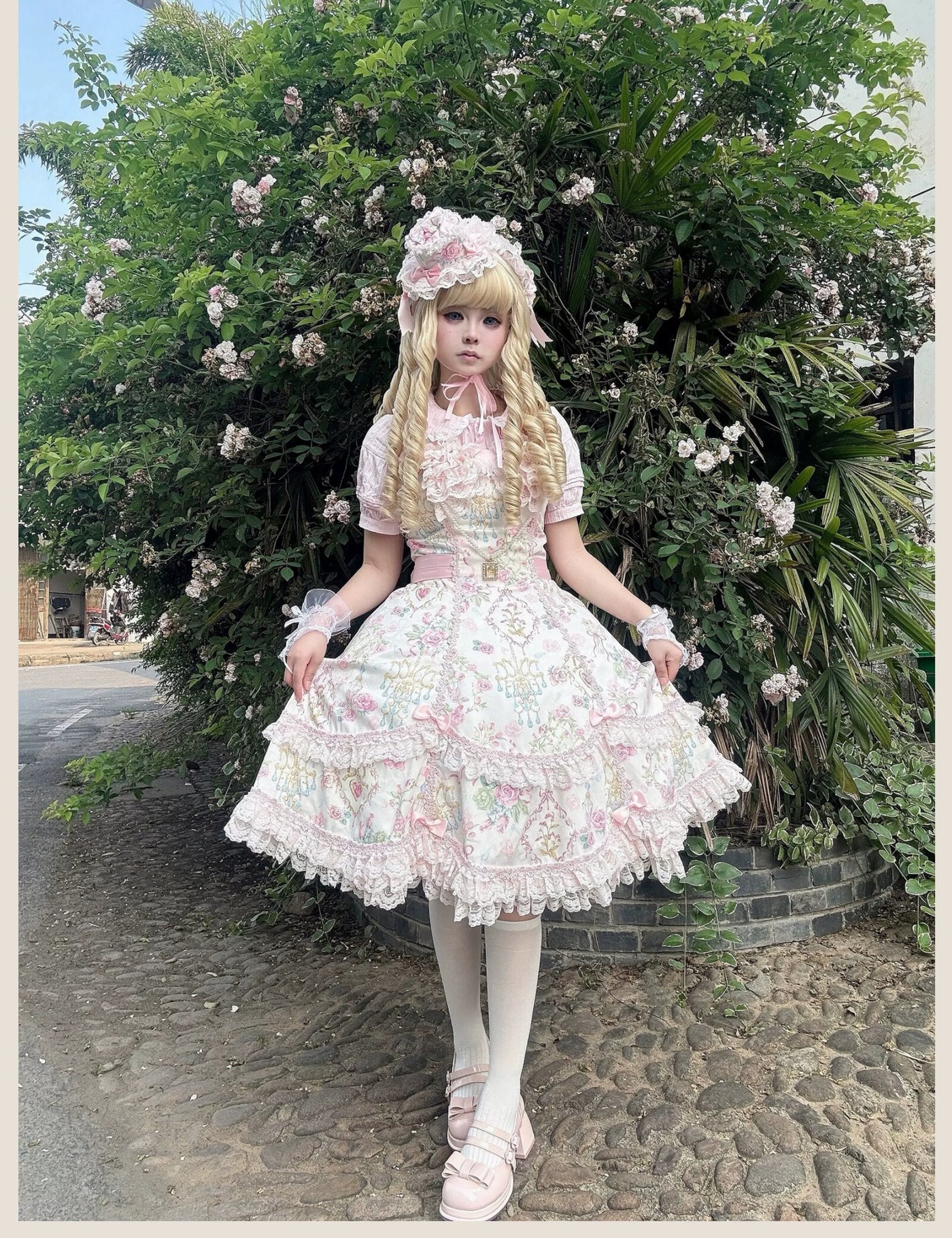 Tata Long Ear - Spring 2025 Floral Wall - Floral Print JSK Dress with Layered Lace Ruffles