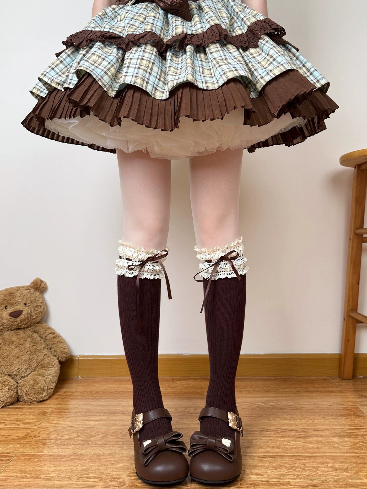 Chubby Bear Tales - Caramel Cocoa - Lace Bow Calf and Over-the-Knee Socks