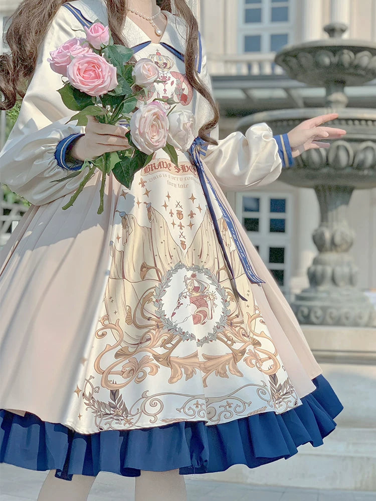 Baozi Pig - Blue Crest - Long-Sleeve One-Piece Dress with Blue Trim