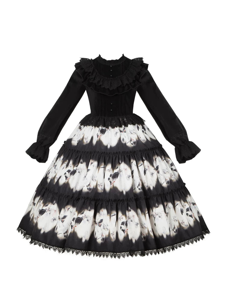 With PUJI - Dead Leaf Butterfly - Gothic Lolita JSK & OP Dress Set, Butterfly Print detail view 5