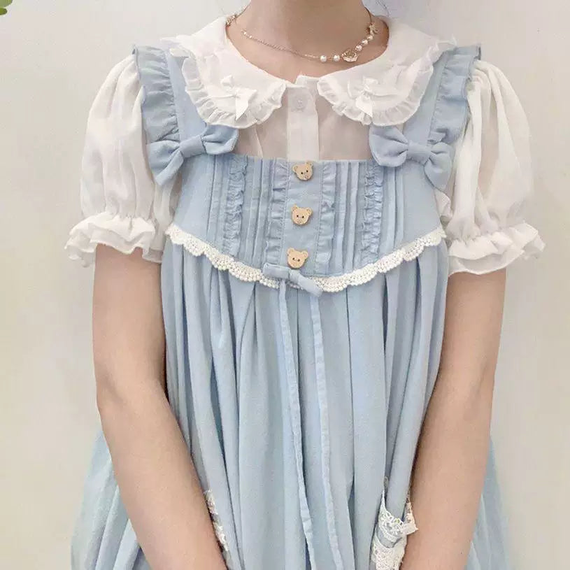 Sweetheart Dream Machine - Ribbon Collar - Short-Sleeve Blouse with a Ruffled Peter Pan Collar
