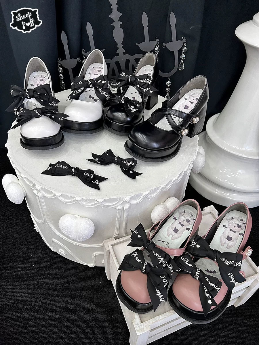 Sheep Puff Devil Lace Lolita Heels, black shoes with lace details and decorative devil motif, stylish footwear for fashion enthusiasts