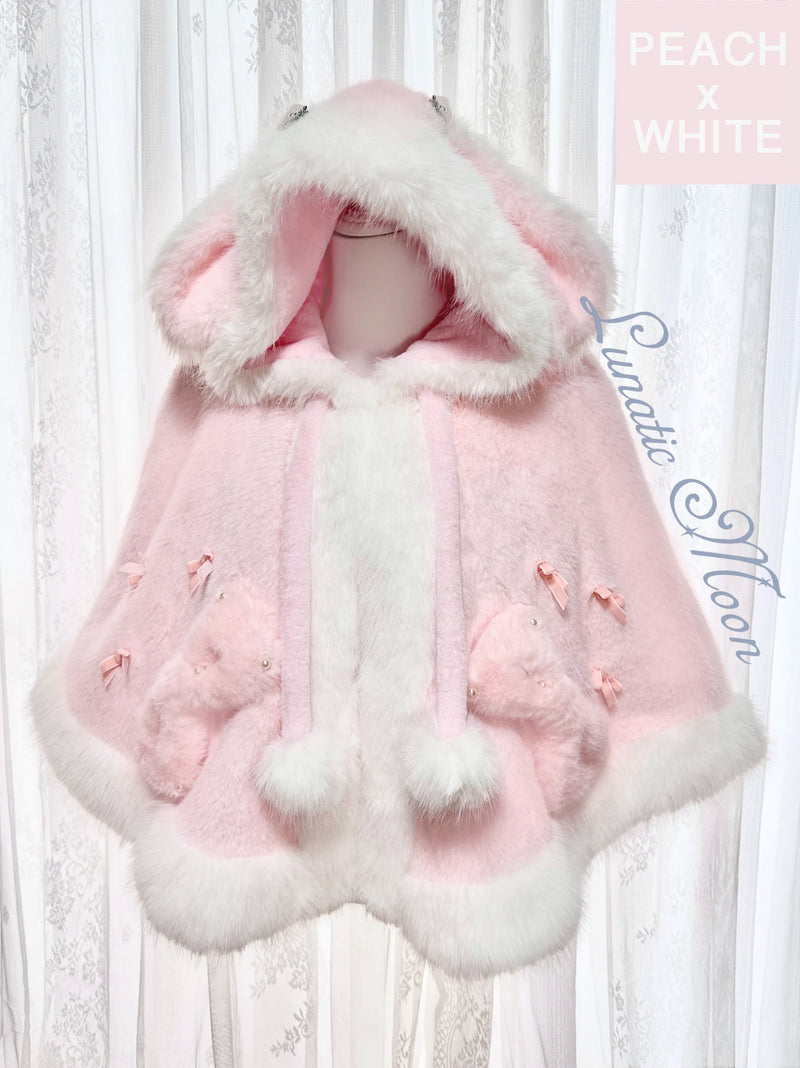 LunaticMoon Snow-Watching Bunny Faux-Fur Hooded Cape — Peach Cape + Tail