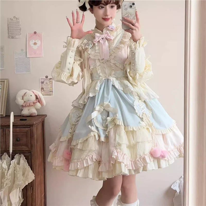 Tianxin Dreamscape - Mianmian Macaron - Solid-Colour OP Dress with Layered Lace Trim