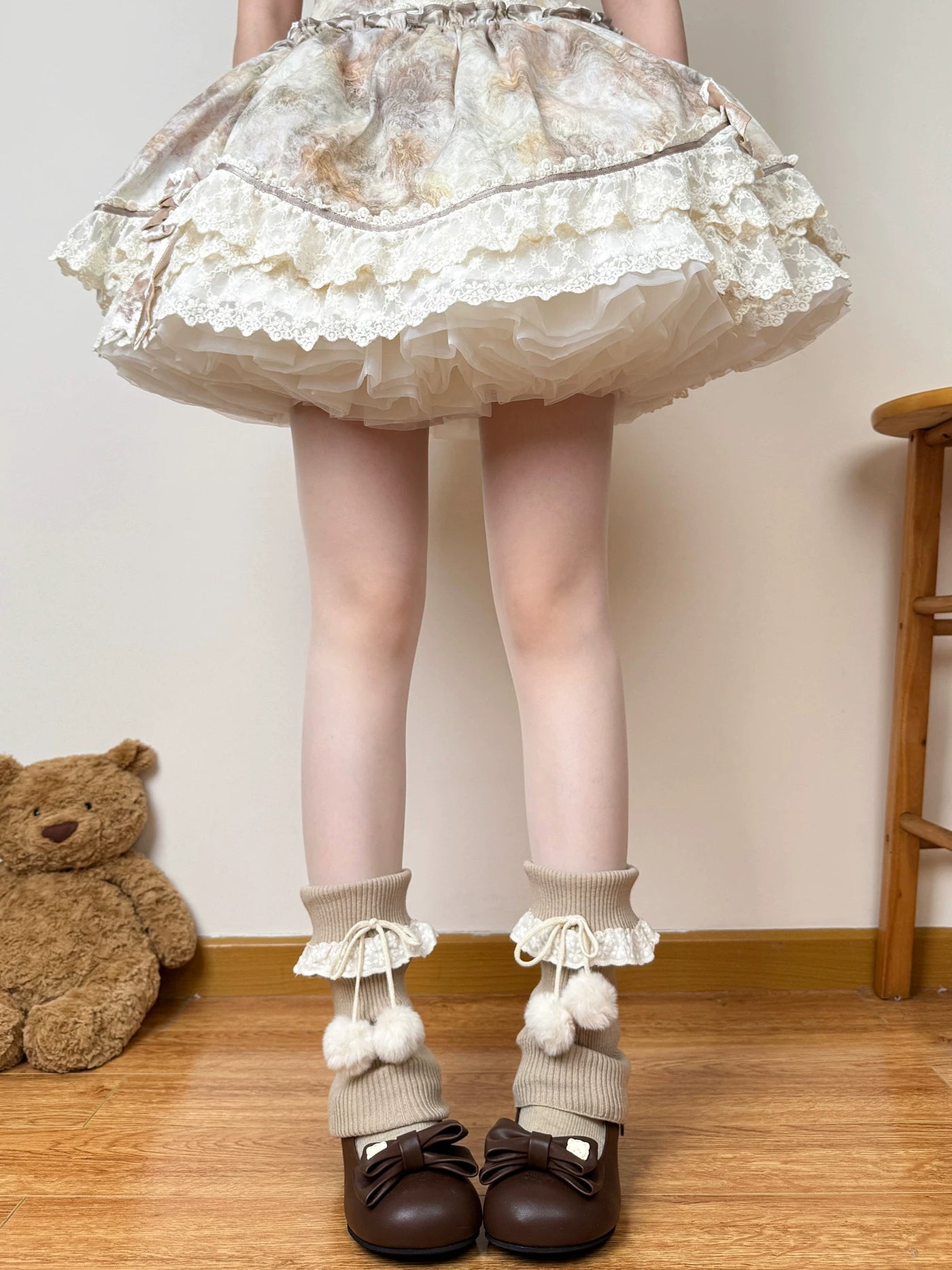 Chubby Bear Tales - Antique Doll Legwear - Slouch Leg Warmers with Lace Cuffs and Pom-Poms