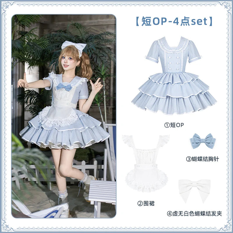 With PUJI - Seven-Day Bell - Blue Classic Lolita Striped OP Dress, Sailor Collar detail view 8