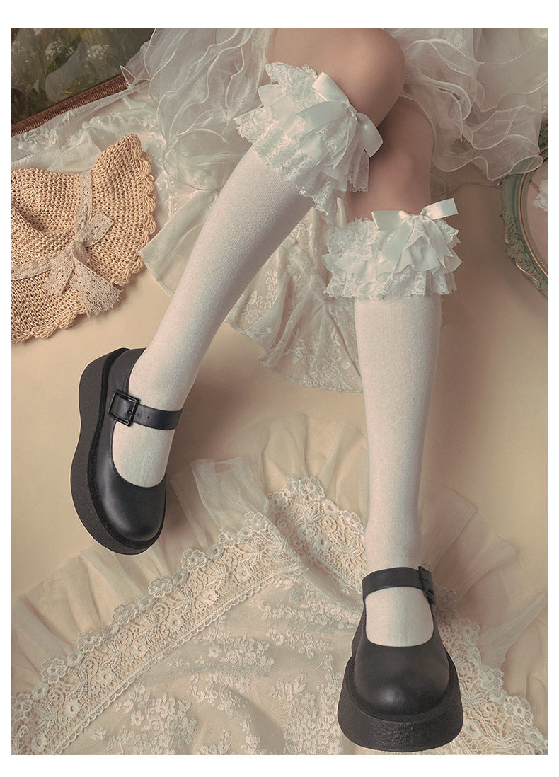 WAGUIR - Cotton Lolita Bow Socks with - Layered Lace Trim Socks