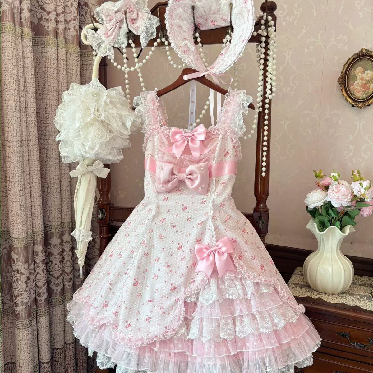 Sweetheart Dream Machine - Spring Shattered Lace Pink - Lolita skirt set with tiered lace and bows