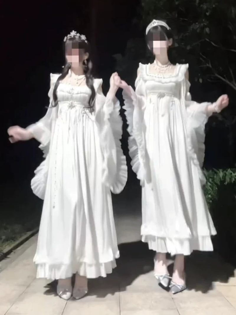 Creamy - White Empire Court - Ruffled-Sleeve White Empire-Waist OP Dress