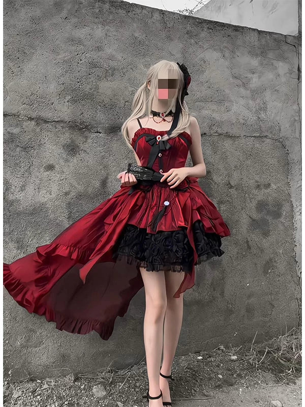 Red JSK dress with black ruffles, rose details, and a long red train.