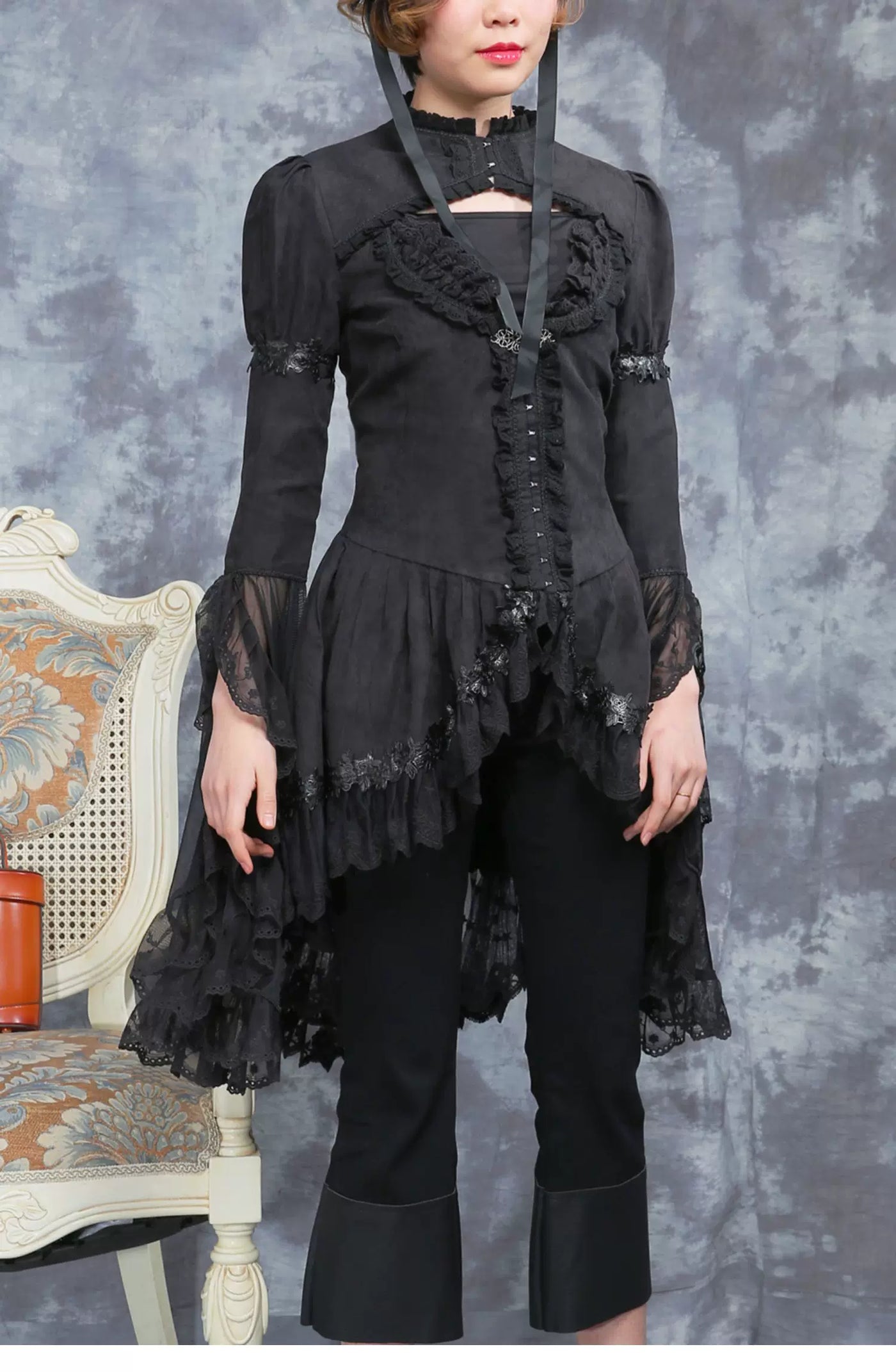 LACE GARDEN - Dark Lace - Black Mesh Outerwear and Mermaid Skirt Set with Lace Trim