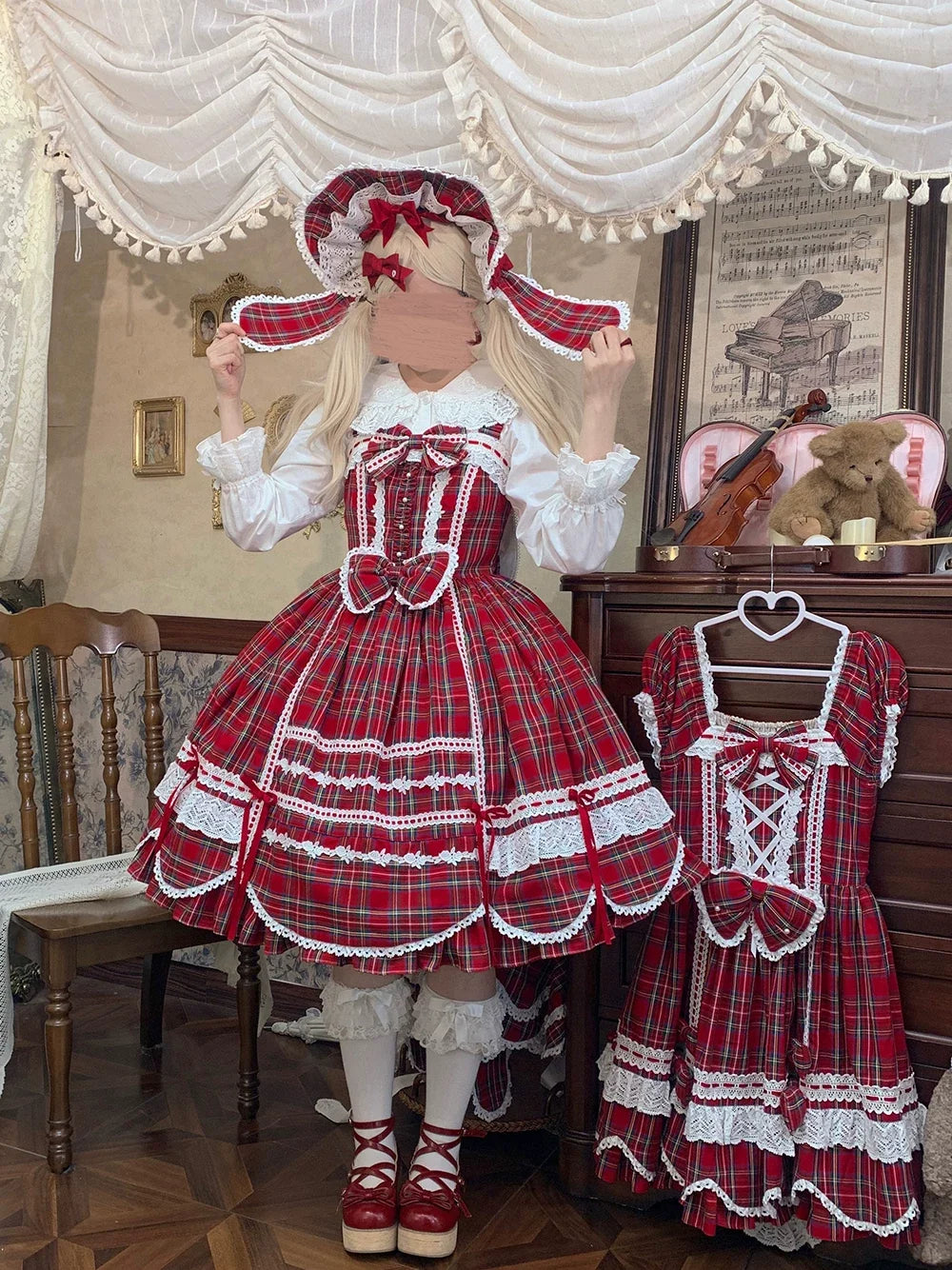 Miss Point - Plaid Petal Bunny - Old School Lolita Plaid JSK Dress, Side Pockets