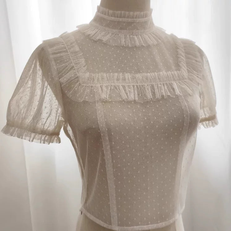 Baozi Pig sheer polka-dot inner layer with ruffled collar and short puff sleeves on a mannequin