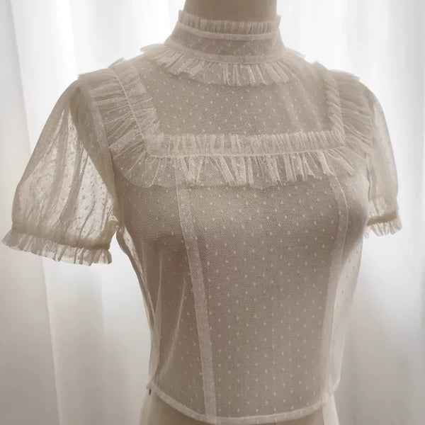 Baozi Pig sheer polka-dot inner layer with ruffled collar and short puff sleeves on a mannequin