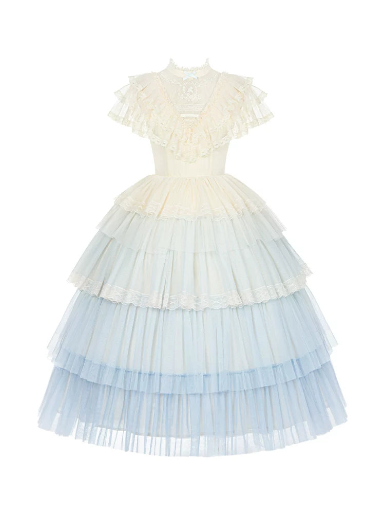 With PUJI - True Vow - Embroidered Classic Lolita Dress, Layered Gradient Hem detail view 5
