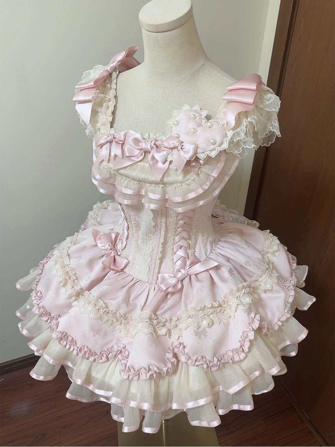 Creamy - Pink Ribbon JSK - Pink JSK Dress with Satin Ribbons and Heart Detail