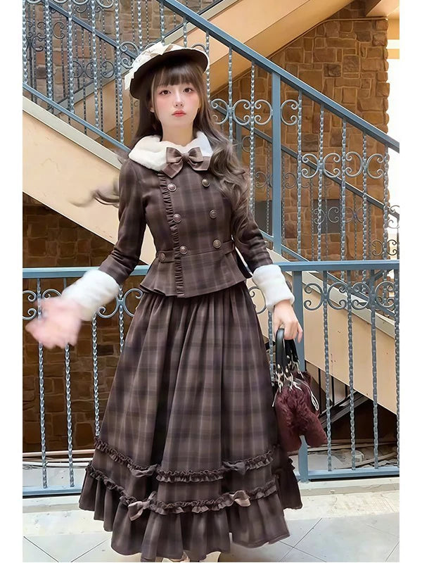 Creamy - Vintage Plaid - Two-Piece Set with a plush collar and cuffs