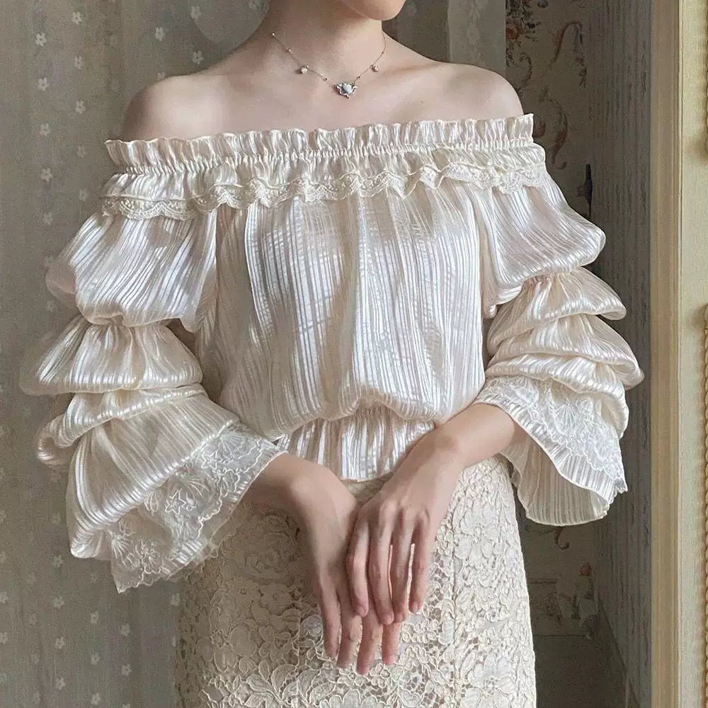Sweetheart Dream Machine - Pleated Off-Shoulder - Off-Shoulder Long-Sleeve Chiffon Blouse with Ruffle Sleeves