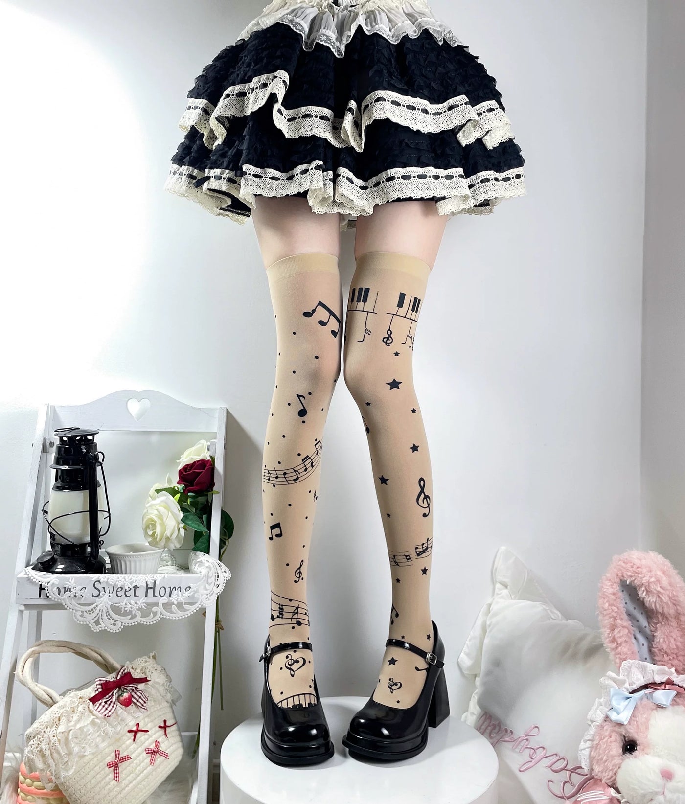 Fantasy Doll - Musical Note - Over-the-Knee Socks with Piano-Key Print