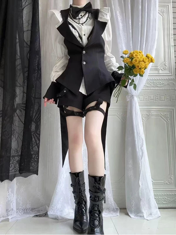 Gothic Ouji Lolita 3-piece set with blouse, swan-tail vest, and shorts