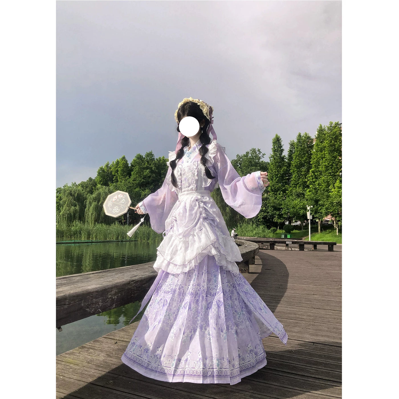 Creamy - Purple Hanfu Fusion - Layered Mamian Skirt Set with Embroidery