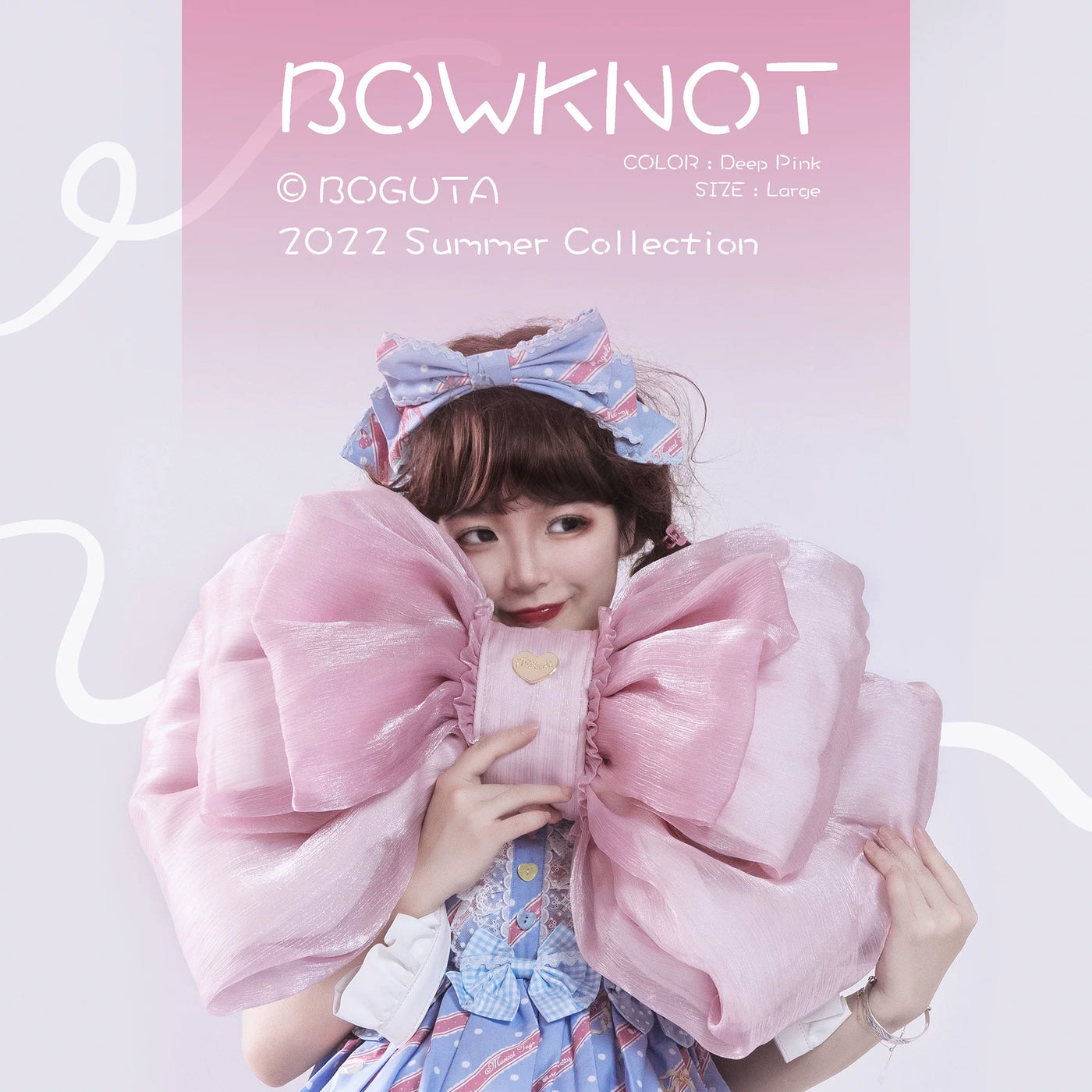 Model-led campaign image featuring a large pastel sheer bow and editorial lettering.