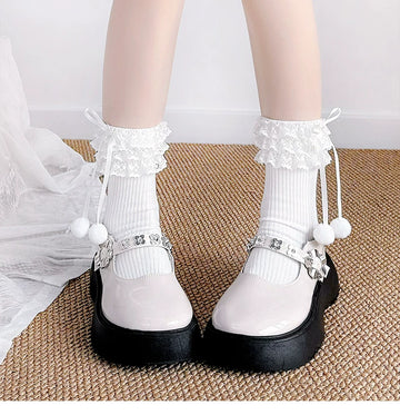 Floral Milk Cat - Lace Pom-Pom - Mid-Calf Socks with Lace Cuffs and Pom-Pom Ties