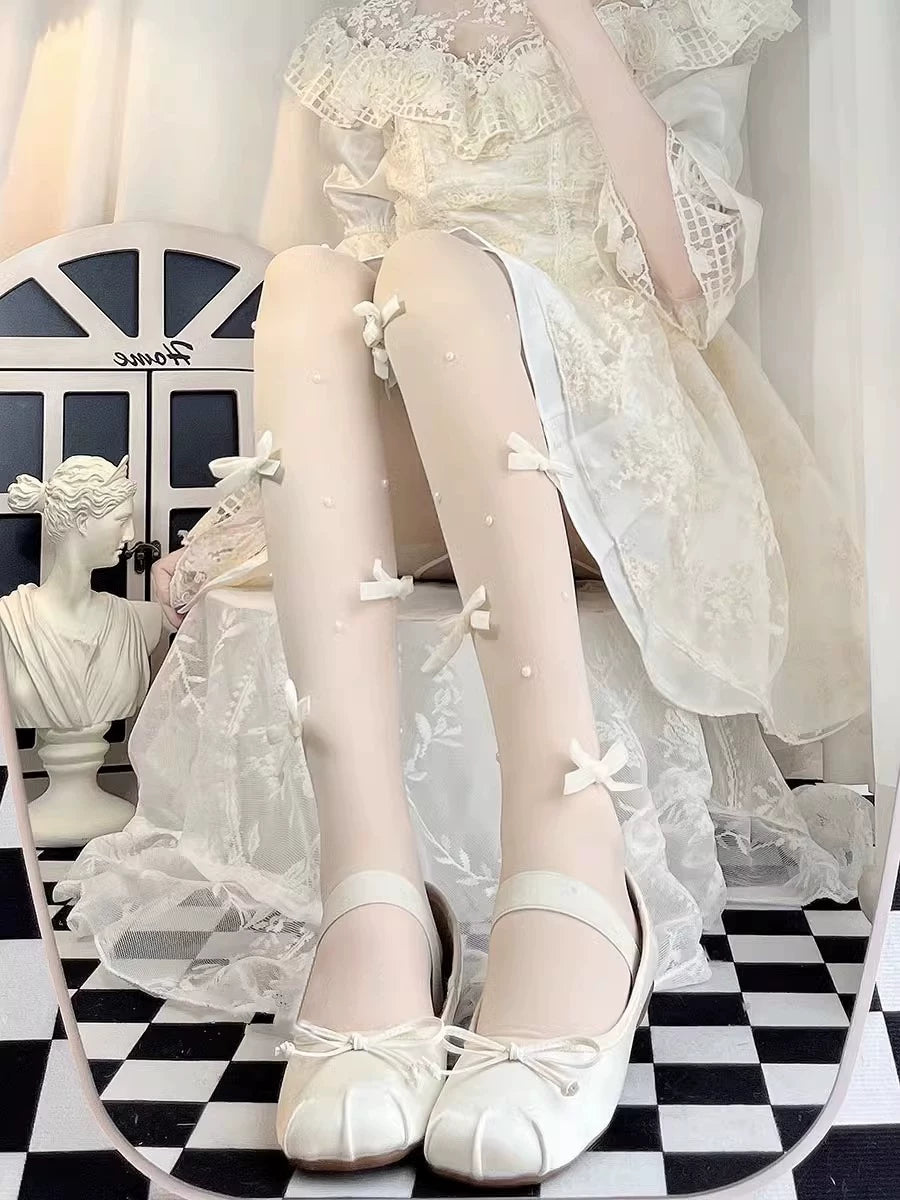 Floral Milk Cat - Pearl Bow - Ultra-Thin Tights with Ribbon Bows
