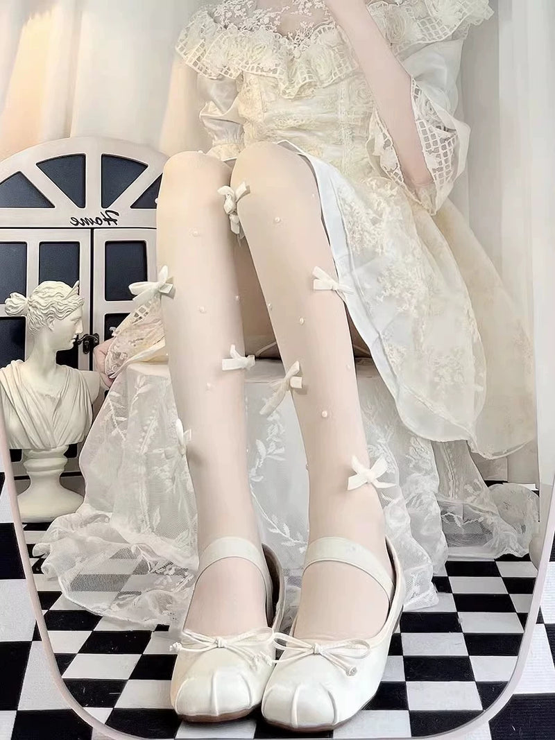 Floral Milk Cat - Pearl Bow - Ultra-Thin Tights with Ribbon Bows