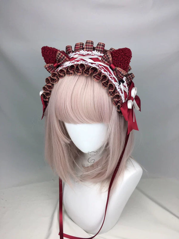 Little Red Riding Hood Burgundy Plaid Ear Headband & Clips — additional product view