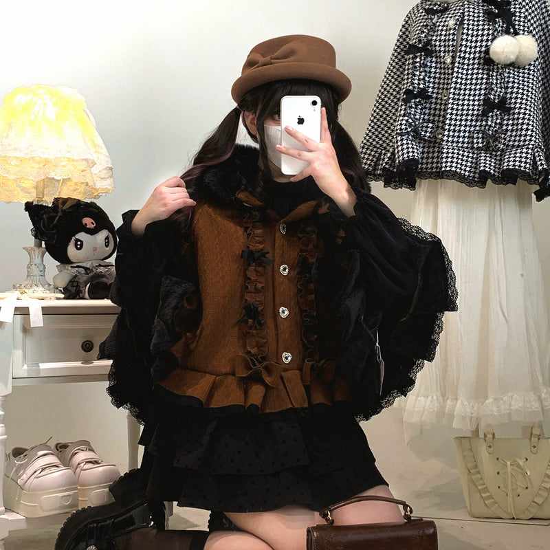 KittyBxllet Pompom Sweetheart Hooded Fleece-Lined Cape — Brown - Button Version, Ready-Stock Option