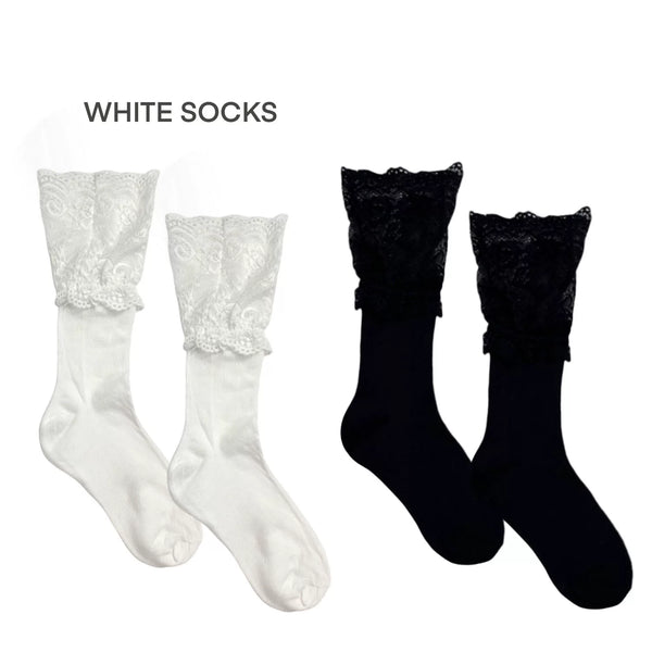 White lace-trimmed mid-calf lolita sock on plain white background