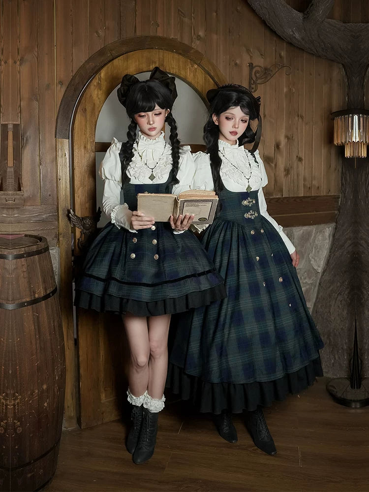 With PUJI - Berlin Souvenir - Plaid Preppy Style Lolita Bust Supporting JSK Outfit detail view 3