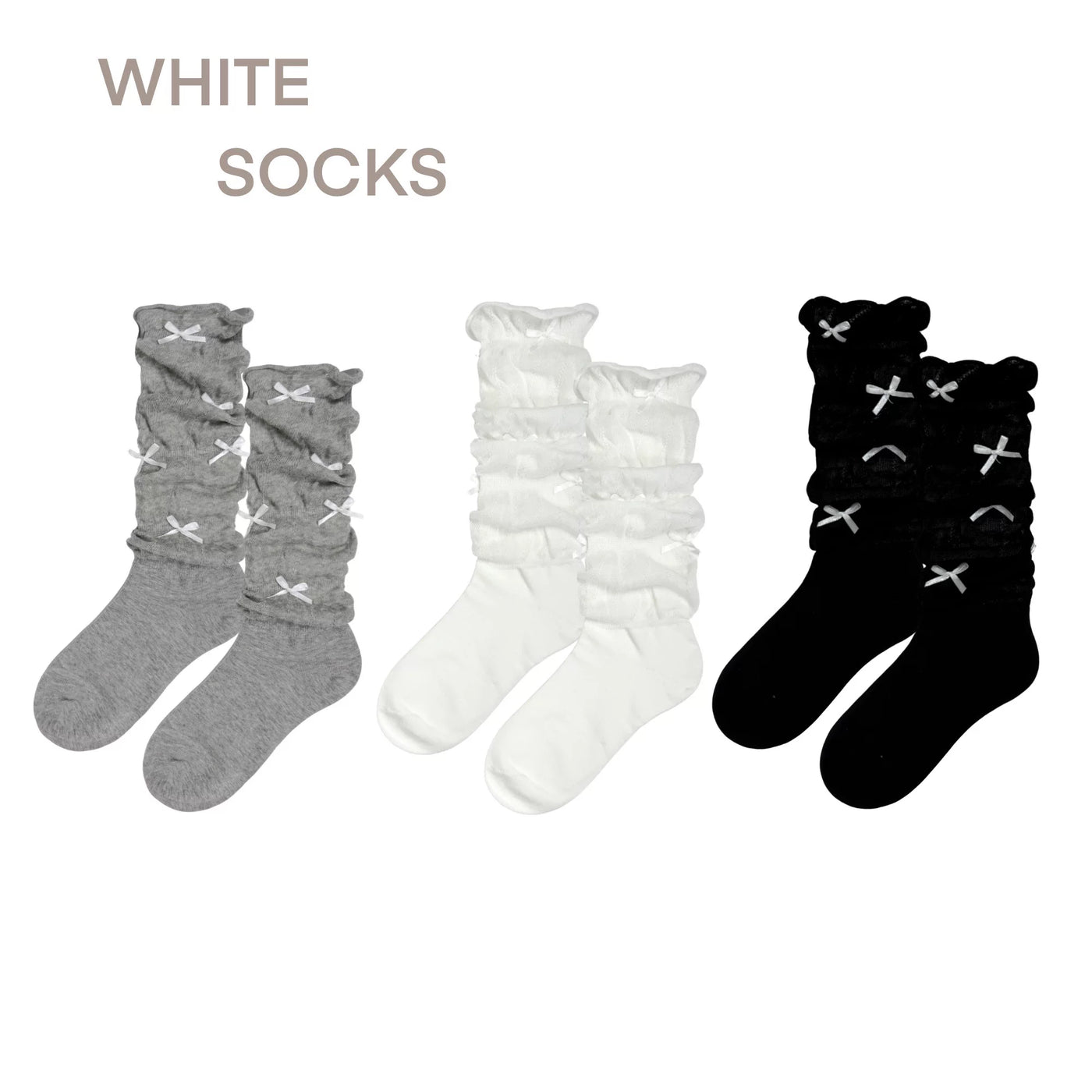 White Socks - Sweet Bow Slouch - Thin Combed-Cotton Slouch Calf Socks with Bow Detail