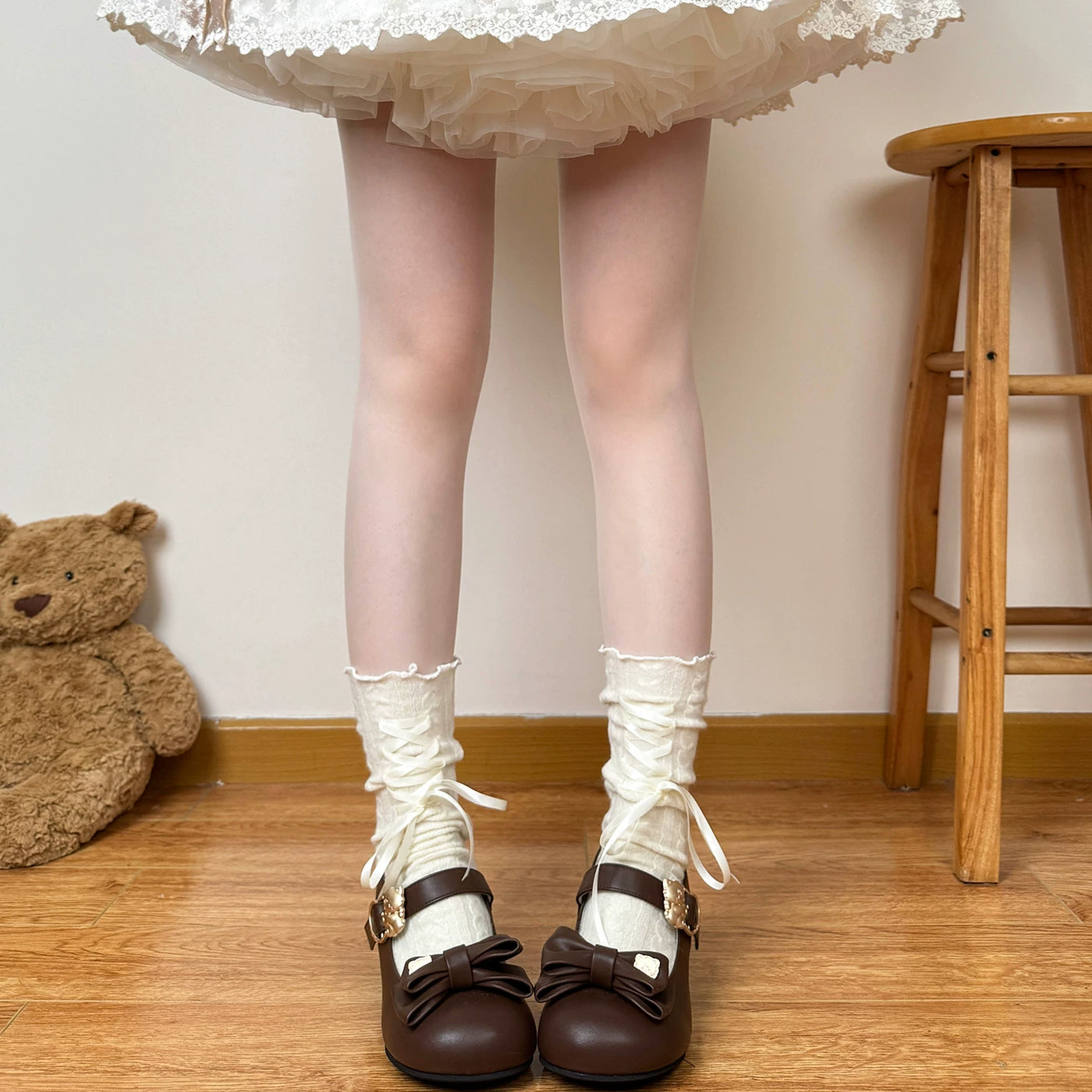 Chubby Bear Tales - Autumn Lace Collection - Wool Mid Calf Socks with Lace and Bow Options