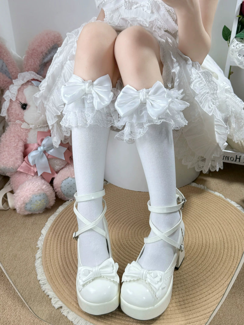 Fantasy Doll - Blue Bow Cotton - Cotton Mid-Calf Socks with Lace Bows