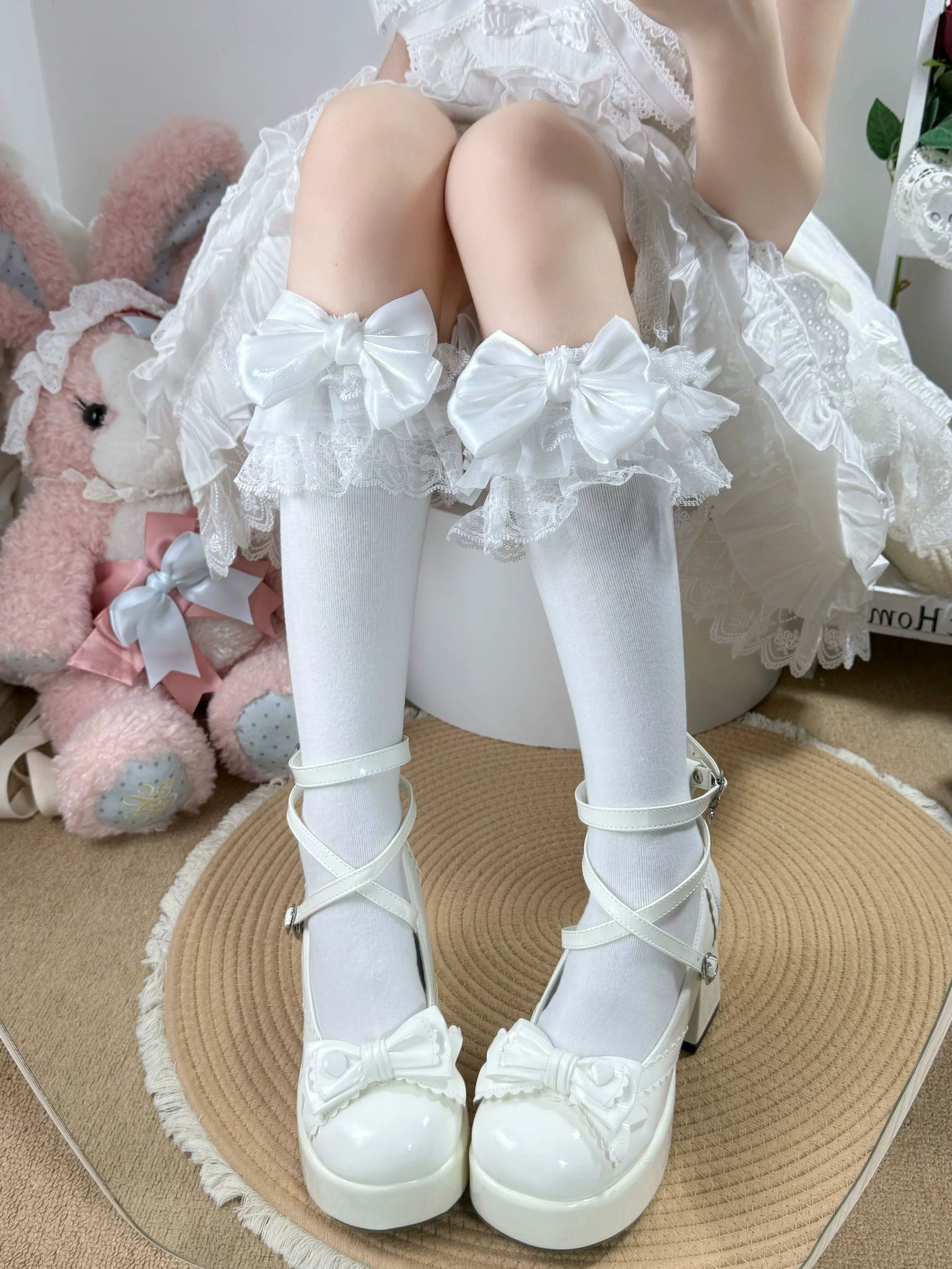 Fantasy Doll - Double-Layer Satin Bow - White Calf-Length Socks with Lace Cuffs