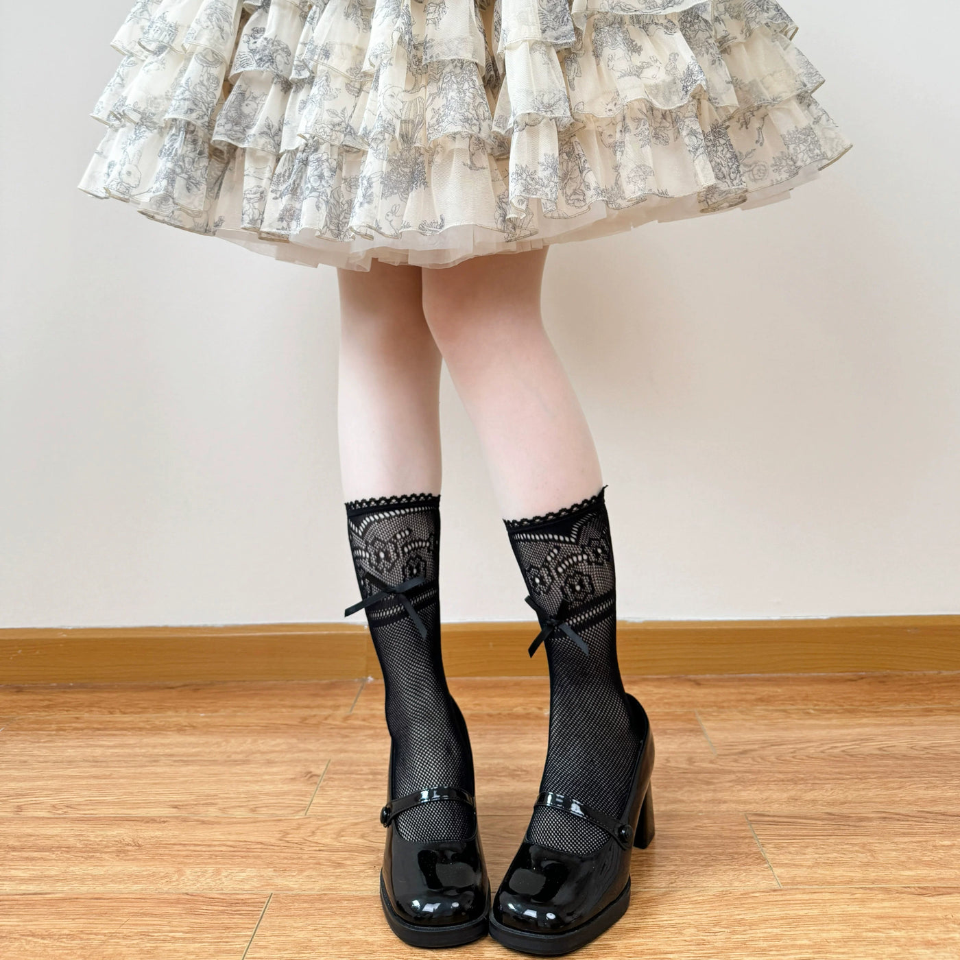 Chubby Bear Tales - Jennifer and Vivian Lace - Black lace socks with ruffled and bow details
