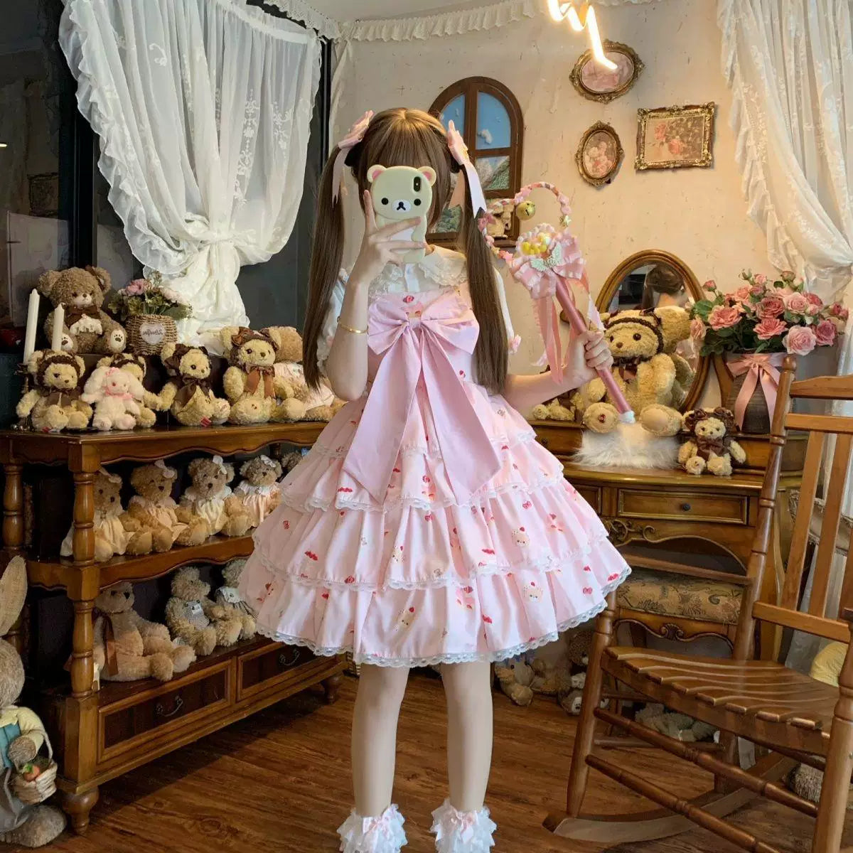 Sweetheart Dream Machine - Layered Sweet Dream - Lolita OP Dress with Tiered Ruffles and Bow Detail